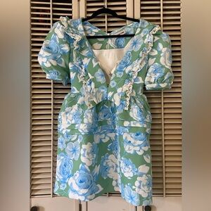 Floral Ruffle Dress in Green and Blue